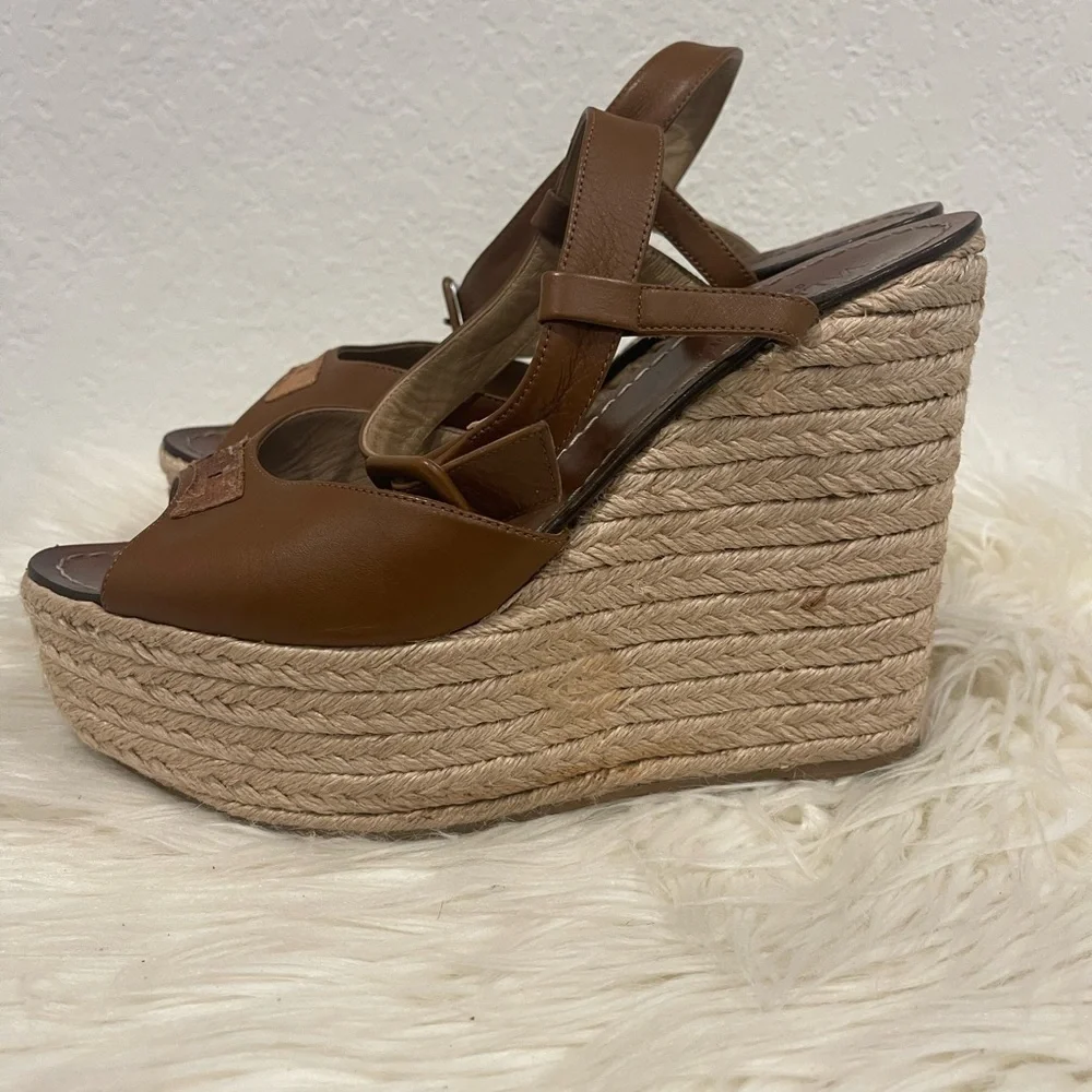 Valentino‎ Garavani Leather Espadrille Wedges Brown Bow Accents Wedge